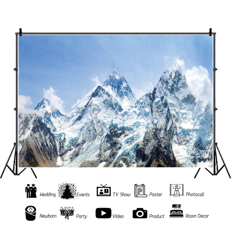 DORCEV 10x7ft Snow Mountain Scenery Backdrop - Cold Winter Snowy Mountain Outdoor Adventure Blue Sky Alpine Snow High Hill Peak Ski Nature Landscape Travel Photo Studio Props - Image 2